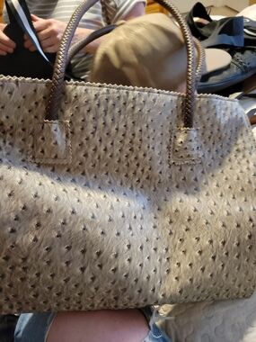 Textured Taupe Ostrich-Style Tote Bag with Braided Handles